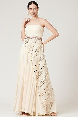 White Embroidered Gown With Cowl Drape by Neha & Tarun