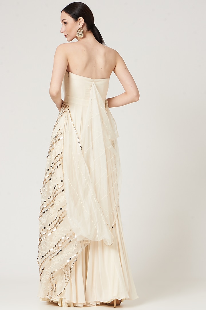 White Embroidered Engagement Gown With Cowl Drape by Neha & Tarun at Pernia's Pop Up Shop