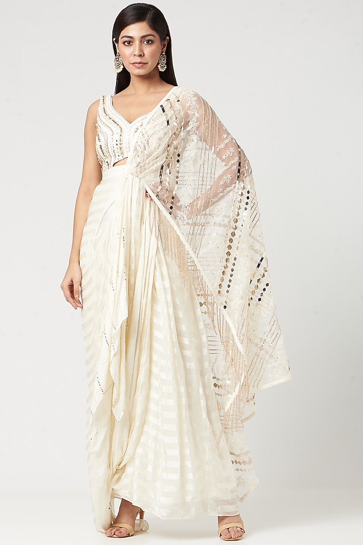 Beige Embroidered Pre-Stitched Saree by Neha & Tarun
