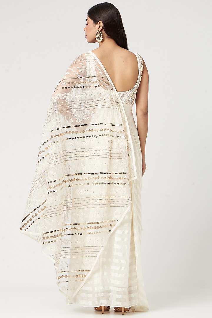 Beige Georgette & Chanderi Aari Embroidered Pre-Stitched Wedding Saree Set by Neha & Tarun at Pernia's Pop Up Shop