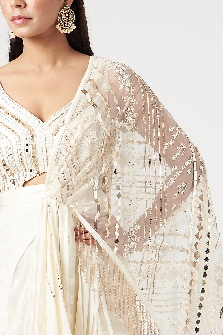 Beige Georgette & Chanderi Aari Embroidered Pre-Stitched Wedding Saree Set by Neha & Tarun at Pernia's Pop Up Shop