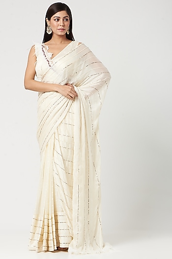 Beige Embroidered Wedding Saree Set by Neha & Tarun at Pernia's Pop Up Shop