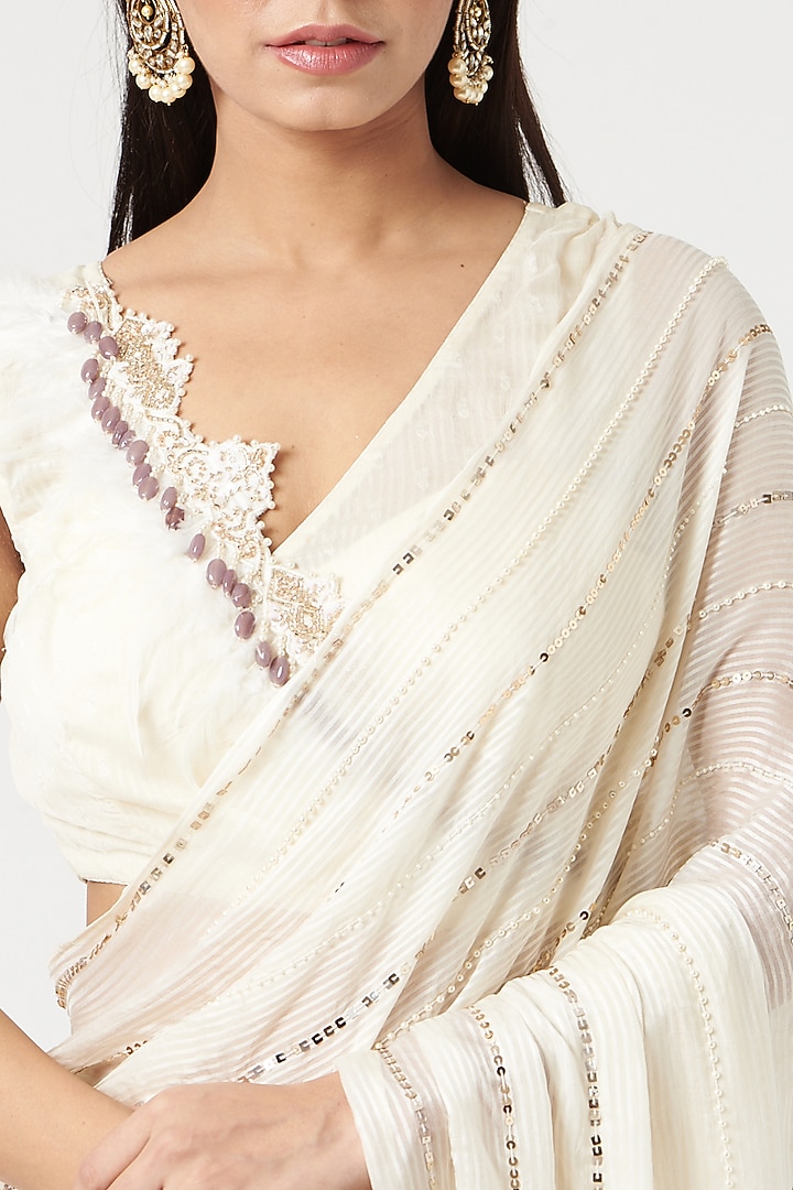 Beige Embroidered Wedding Saree Set by Neha & Tarun at Pernia's Pop Up Shop