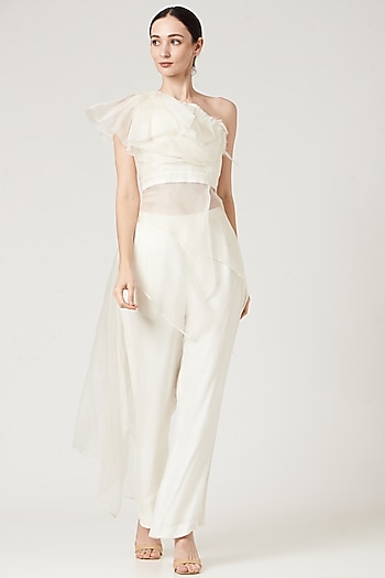 Beige Viscose Bamberg & Organza Pant Set by Neha & Tarun at Pernia's Pop Up Shop