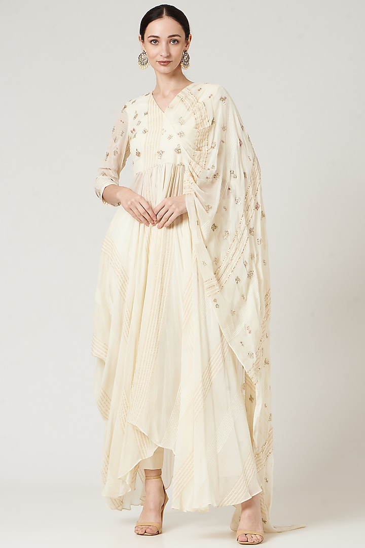 Beige Georgette Indo Western Kurta Set by Neha & Tarun at Pernia's Pop Up Shop