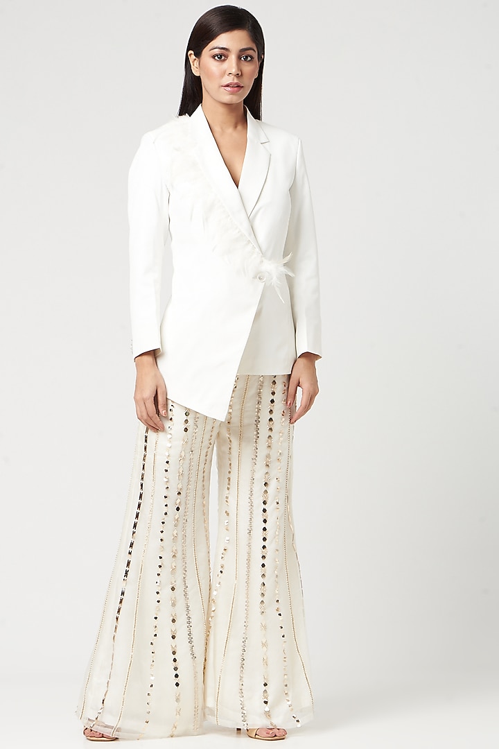 White & Beige Embroidered Blazer Set by Neha & Tarun