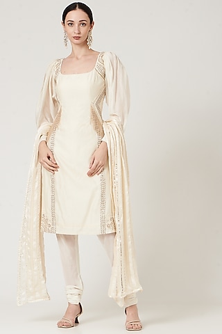 Beige Embroidered Kurta Set by Neha & Tarun
