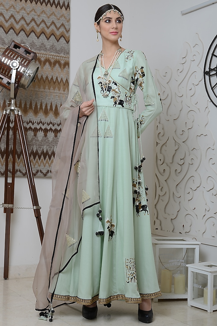Powder Green Embroidered Angrakha Kurta Set by Neha & Tarun at Pernia's Pop Up Shop