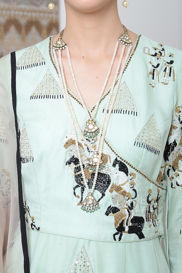 Powder Green Embroidered Angrakha Kurta Set by Neha & Tarun at Pernia's Pop Up Shop