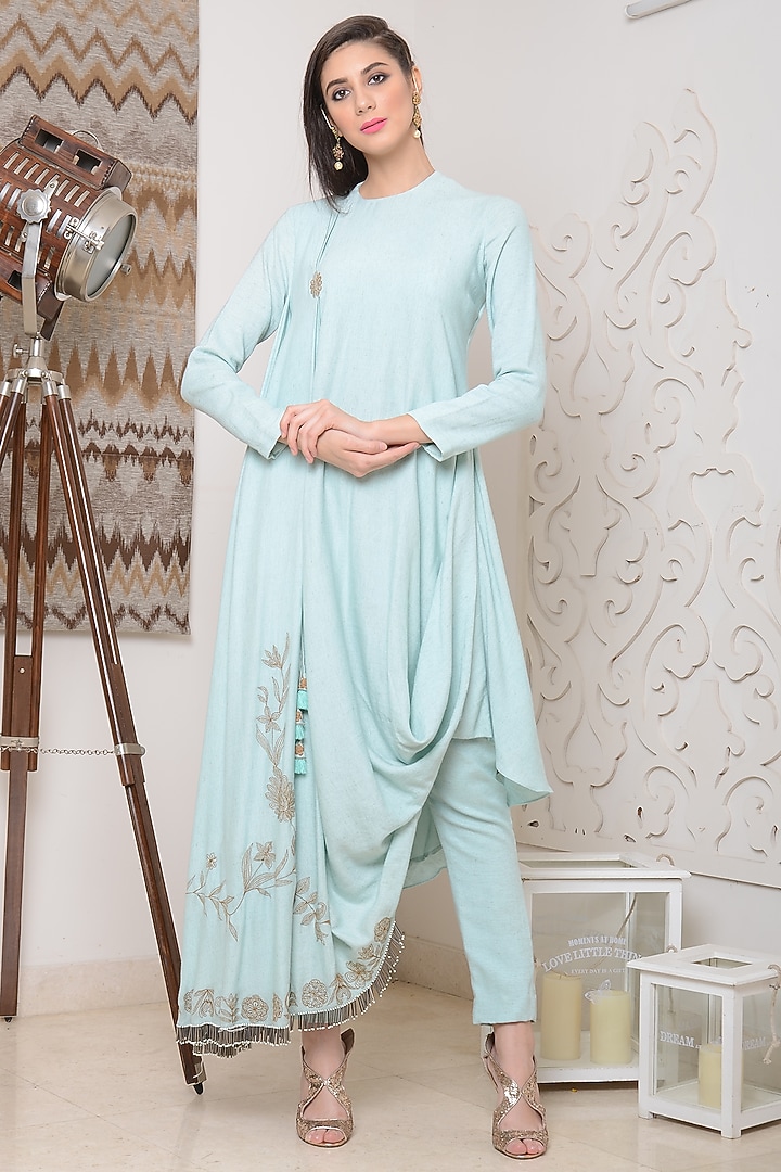 Powder Blue Drape Kurta Set by Neha & Tarun at Pernia's Pop Up Shop