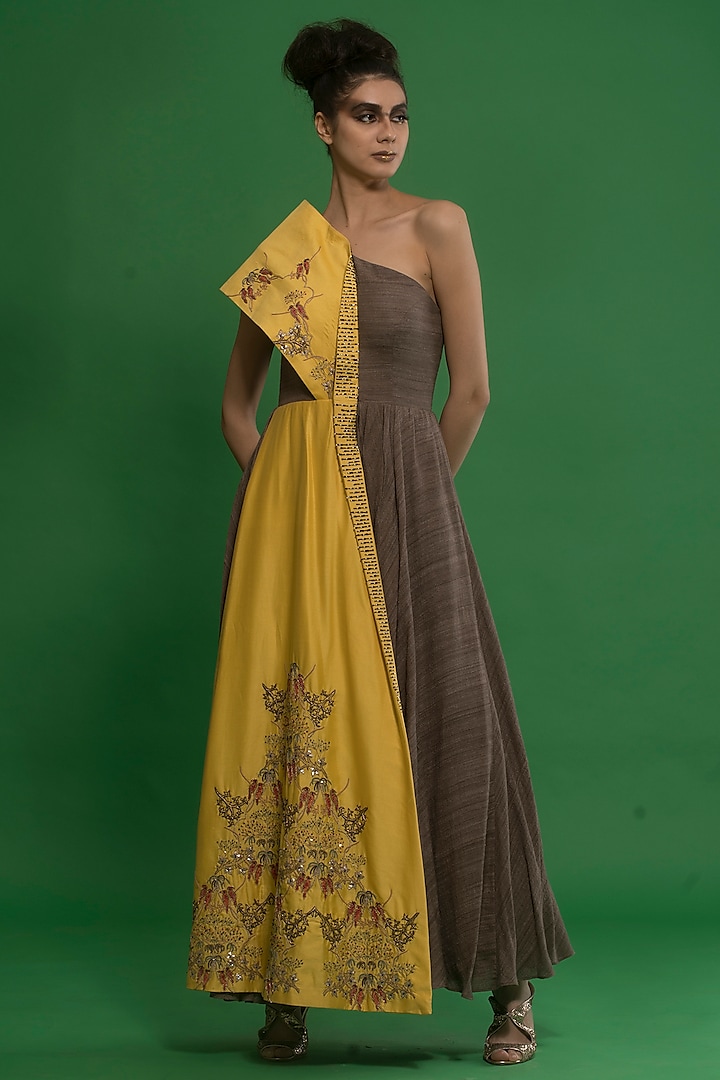 Tonic Yellow Embroidered Gown by Neha & Tarun