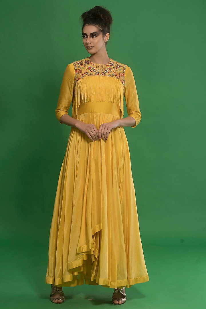 Tonic Yellow Asymmetrical Engagement Gown With Jacket by Neha & Tarun at Pernia's Pop Up Shop
