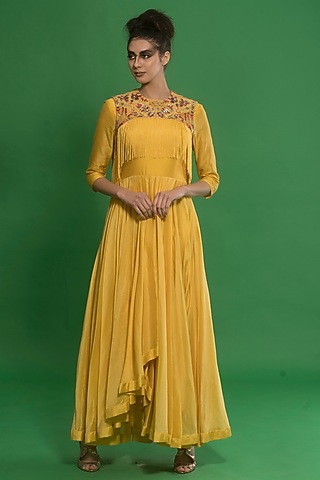 Tonic Yellow Asymmetrical Gown With Jacket by Neha & Tarun