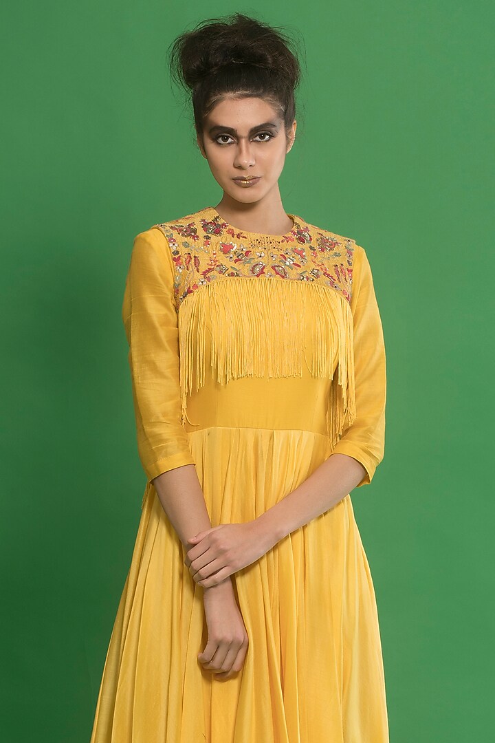 Tonic Yellow Asymmetrical Engagement Gown With Jacket by Neha & Tarun at Pernia's Pop Up Shop