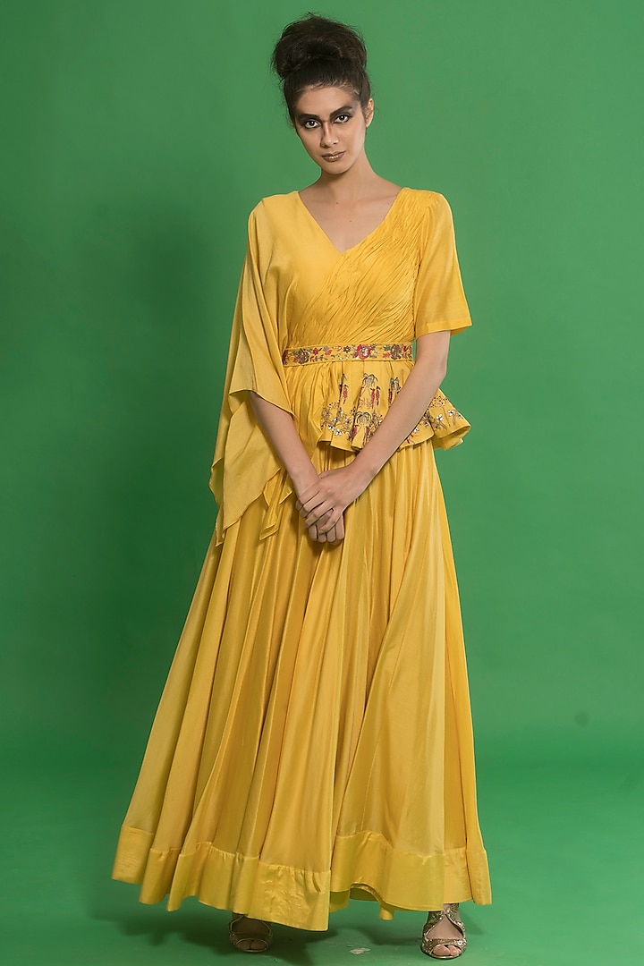Tonic Yellow Embroidered Peplum Engagement Gown by Neha & Tarun at Pernia's Pop Up Shop