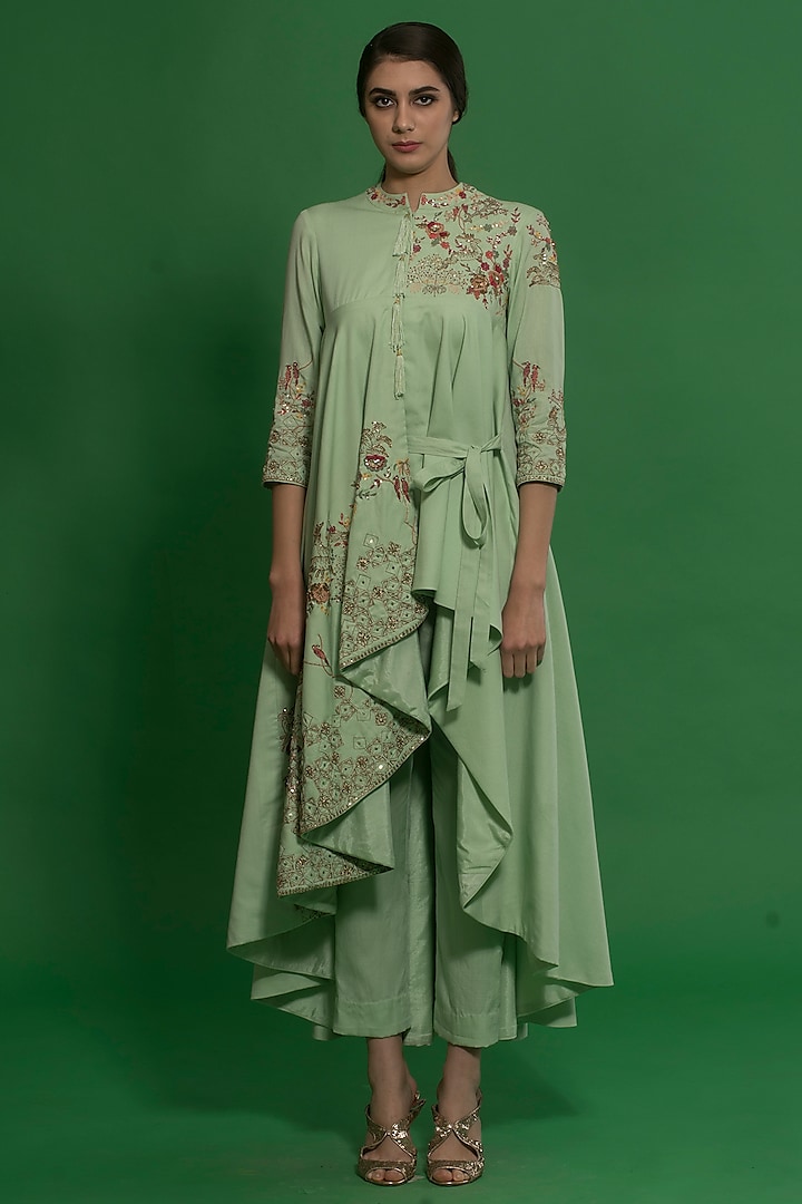 Spring Green Hand Embroidered Drape Kurta Set by Neha & Tarun