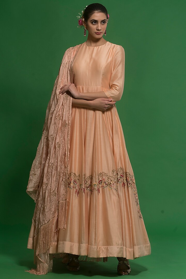 Peach Embroidered Gown With Dupatta by Neha & Tarun