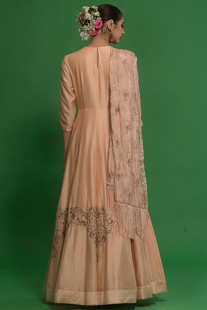 Peach Embroidered Engagement Gown With Dupatta by Neha & Tarun at Pernia's Pop Up Shop
