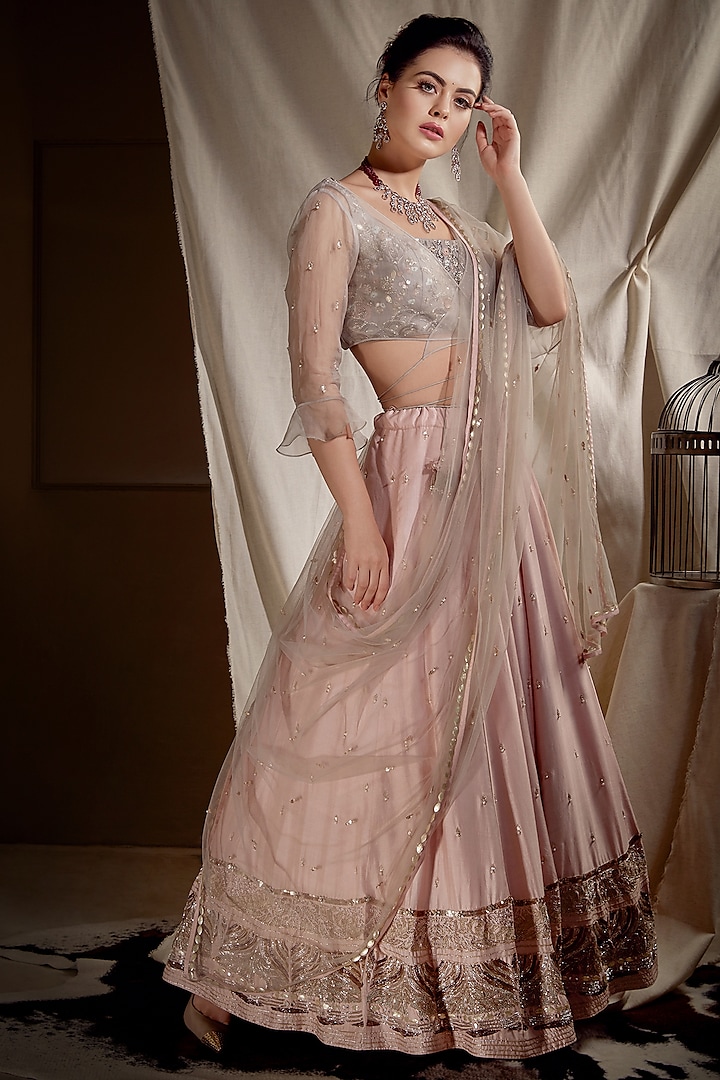 Pink & Grey Hand Embroidered Lehenga Set by Neha & Tarun