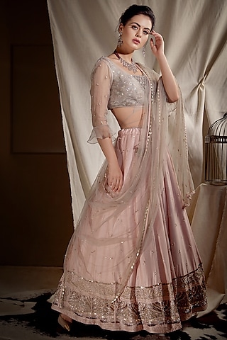 Pink & Grey Hand Embroidered Lehenga Set by Neha & Tarun