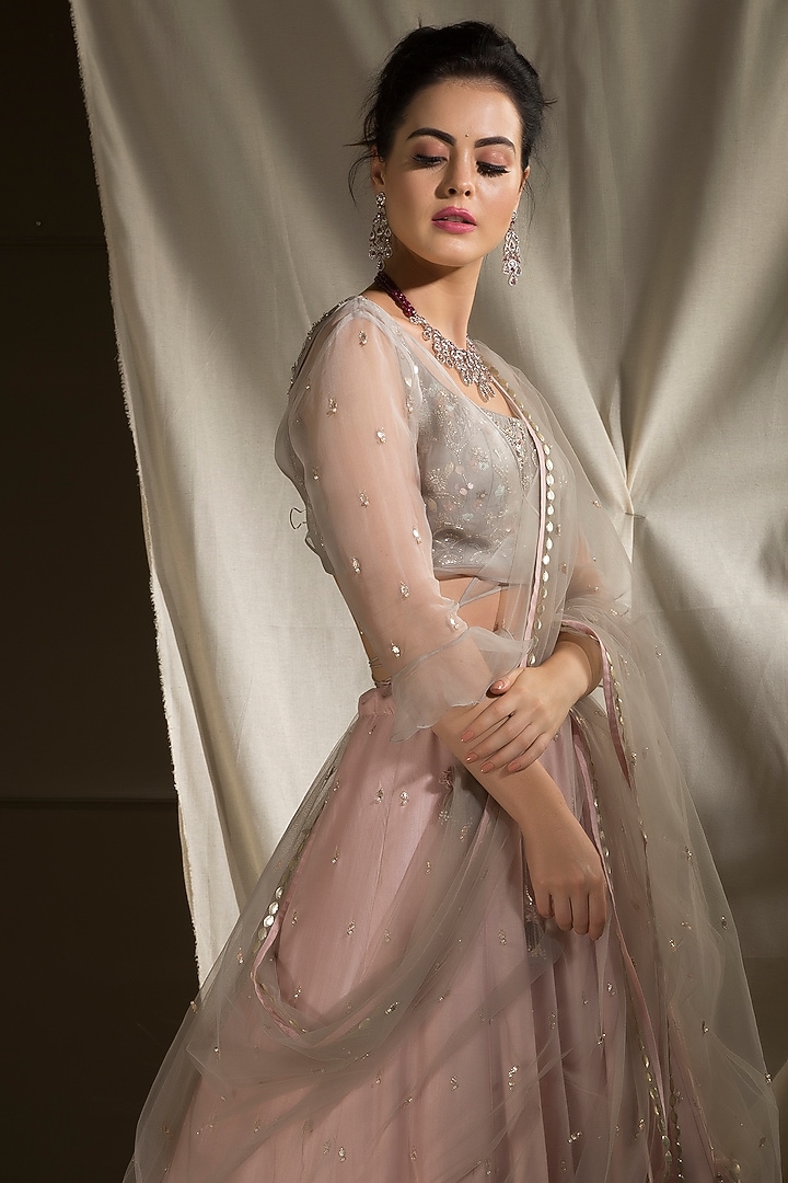 Pink & Grey Hand Embroidered Wedding Lehenga Set by Neha & Tarun at Pernia's Pop Up Shop