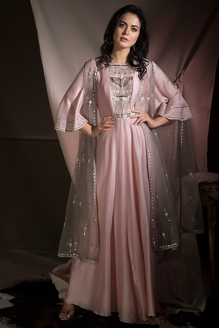 Pink Chanderi Anarkali Set by Neha & Tarun
