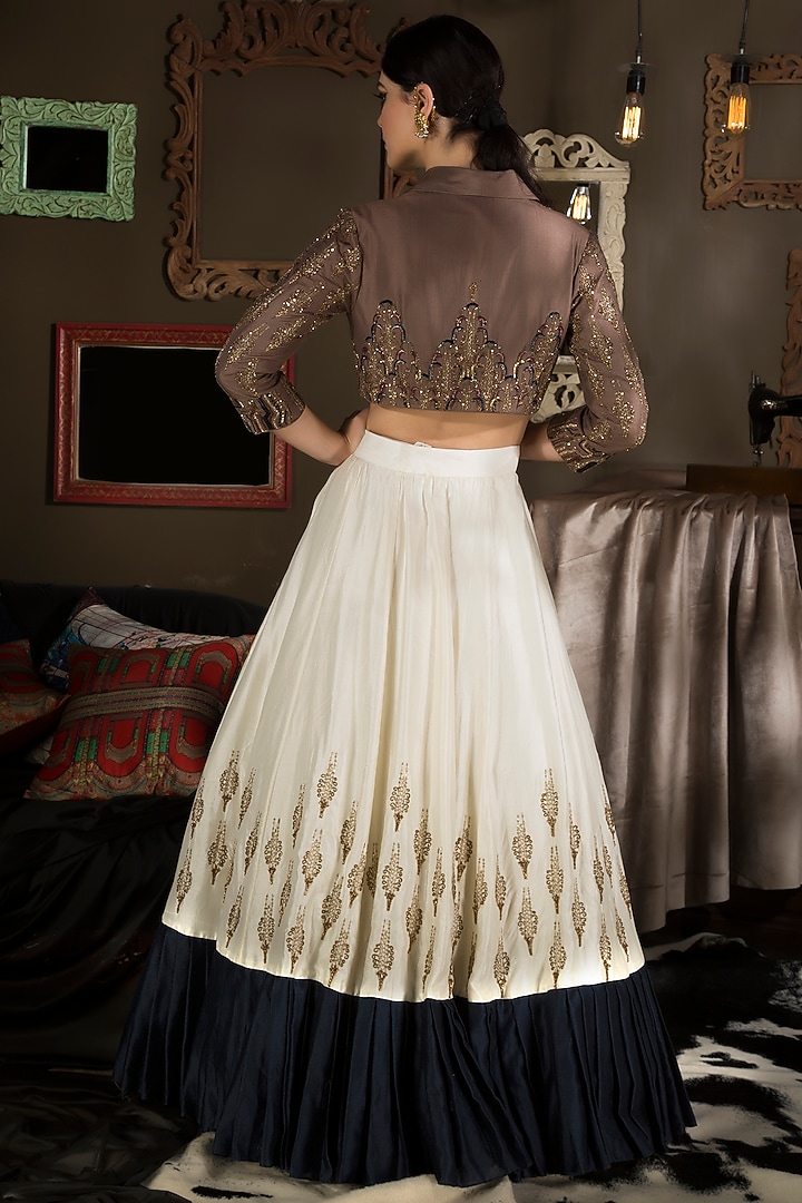 Ivory & Navy Blue Silk Modal Wedding Lehenga Set by Neha & Tarun at Pernia's Pop Up Shop