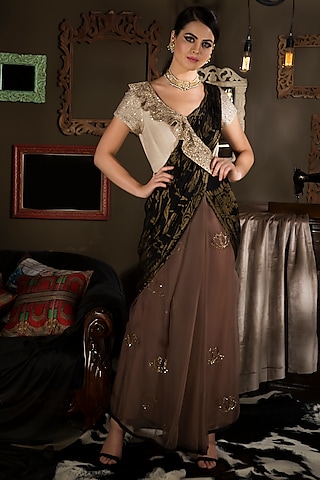 Brown & Black Organza Sequins Gown Saree by Neha & Tarun