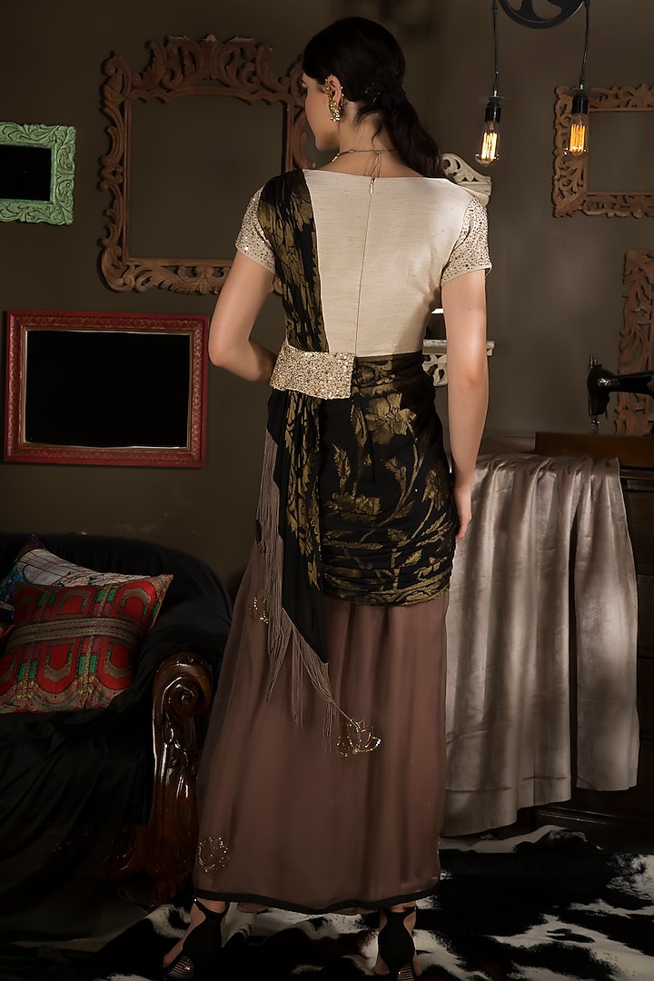 Brown & Black Organza Sequins Wedding Gown Saree by Neha & Tarun at Pernia's Pop Up Shop