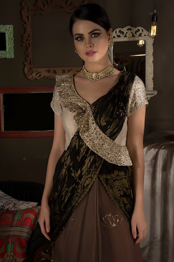Brown & Black Organza Sequins Wedding Gown Saree by Neha & Tarun at Pernia's Pop Up Shop