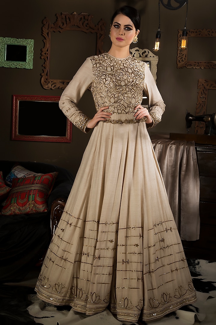 Beige Embroidered Gown by Neha & Tarun