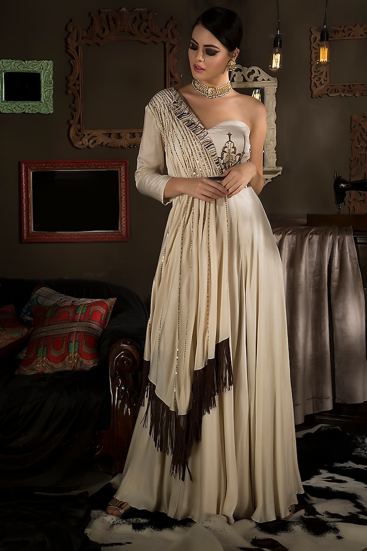 Beige Modal Satin Gown by Neha & Tarun