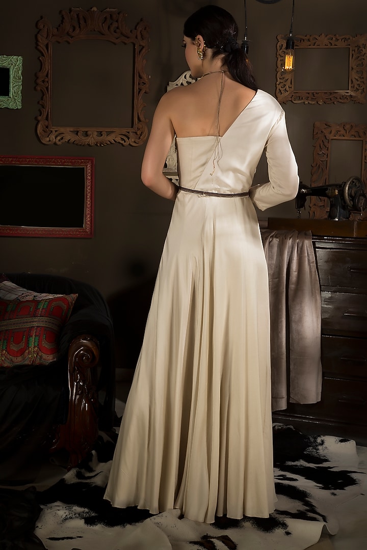 Beige Modal Satin Engagement Gown by Neha & Tarun at Pernia's Pop Up Shop