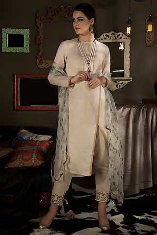 Beige Asymmetrical Kurta Set by Neha & Tarun
