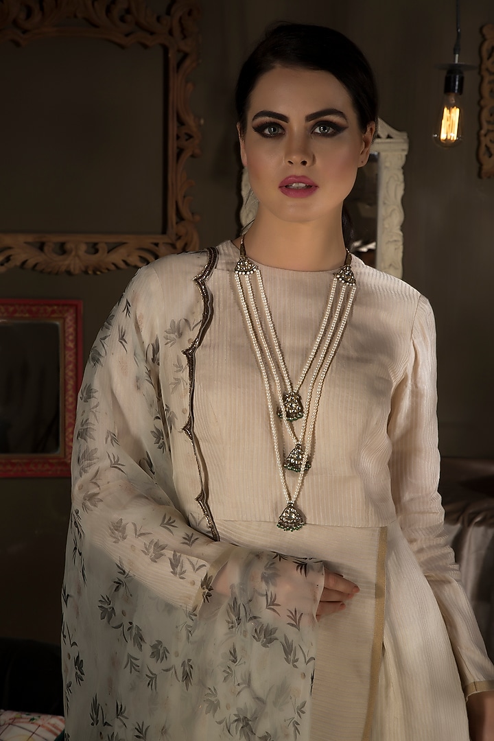 Beige Asymmetrical Kurta Set by Neha & Tarun at Pernia's Pop Up Shop