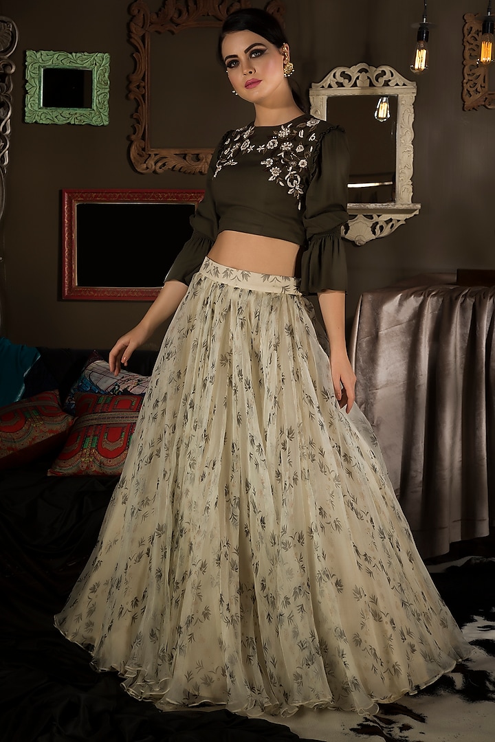Beige Printed Skirt Set by Neha & Tarun