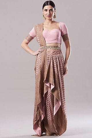 Blush Pink Banarasi Khadi Georgette Pre-Stitched Draped Saree Set by Neha & Tarun