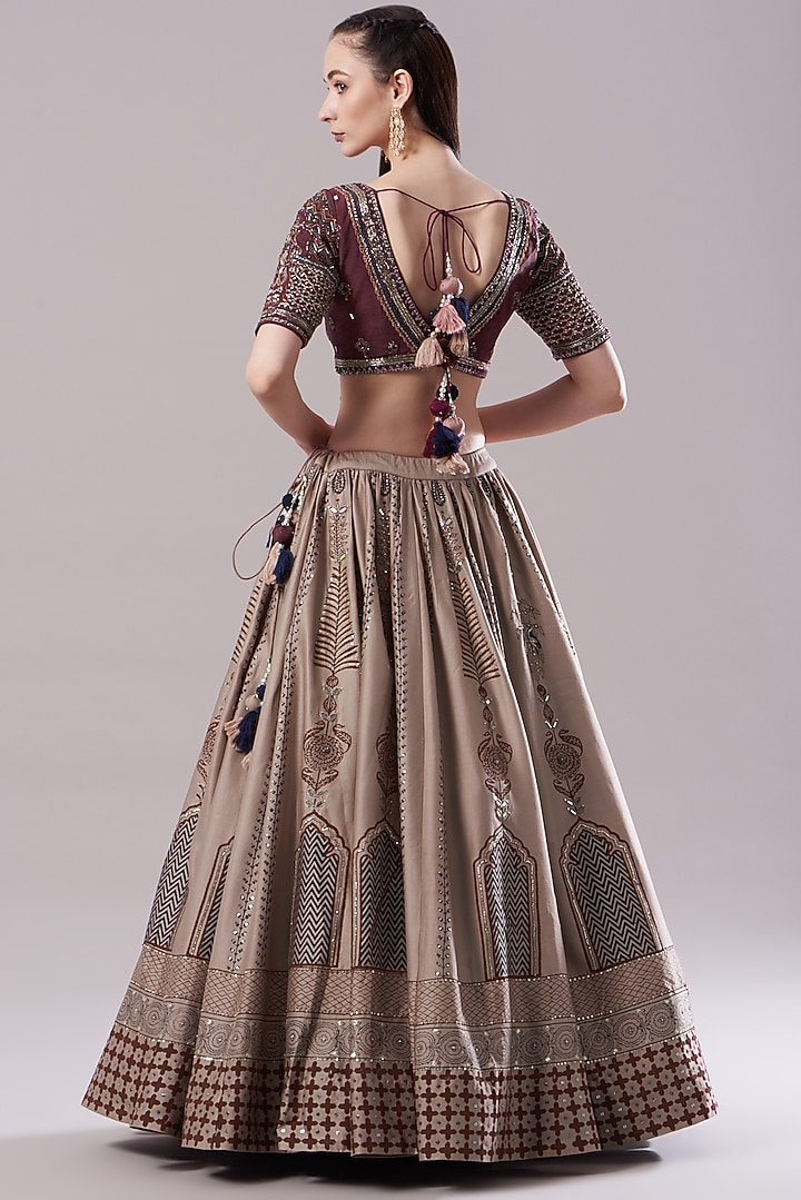 Wine Embroidered & Printed Wedding Lehenga Set by Neha & Tarun at Pernia's Pop Up Shop