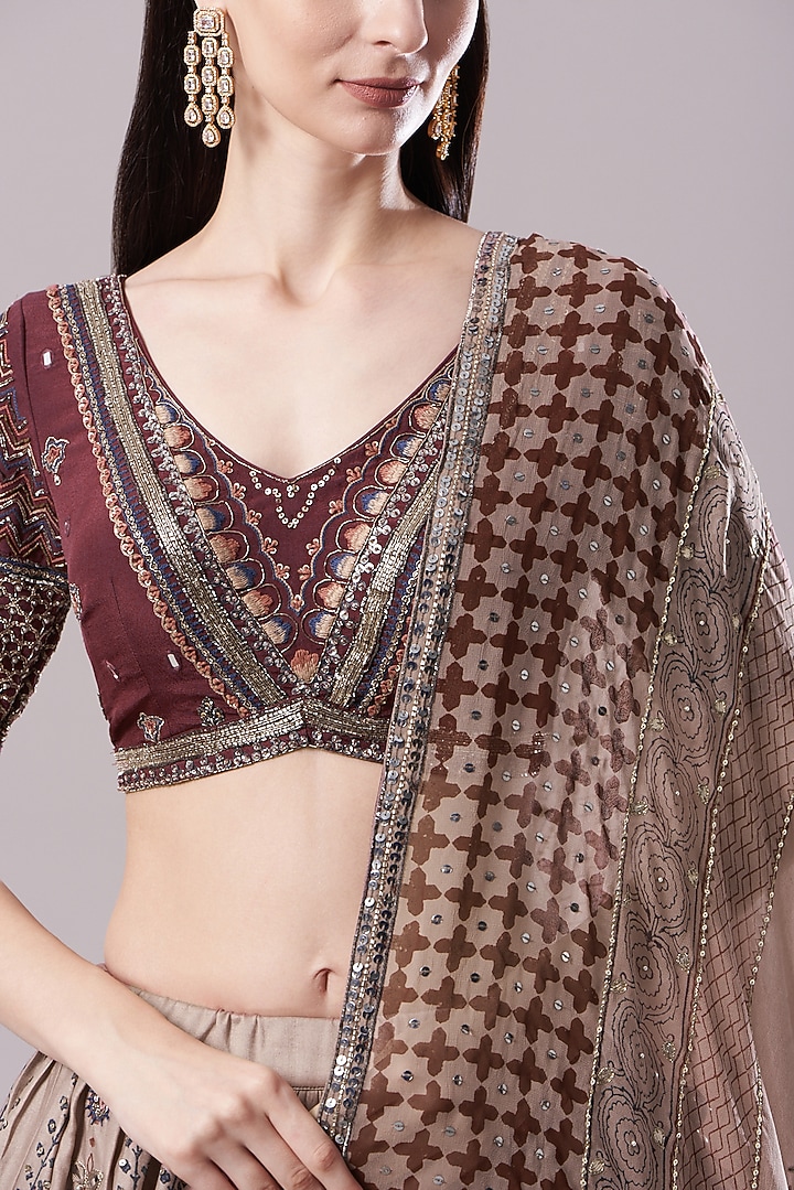 Wine Embroidered & Printed Wedding Lehenga Set by Neha & Tarun at Pernia's Pop Up Shop
