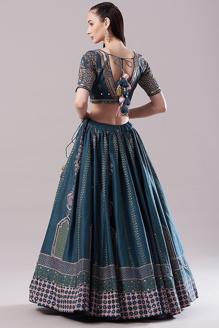 Cobalt Blue Embroidered & Printed Wedding Lehenga Set by Neha & Tarun at Pernia's Pop Up Shop