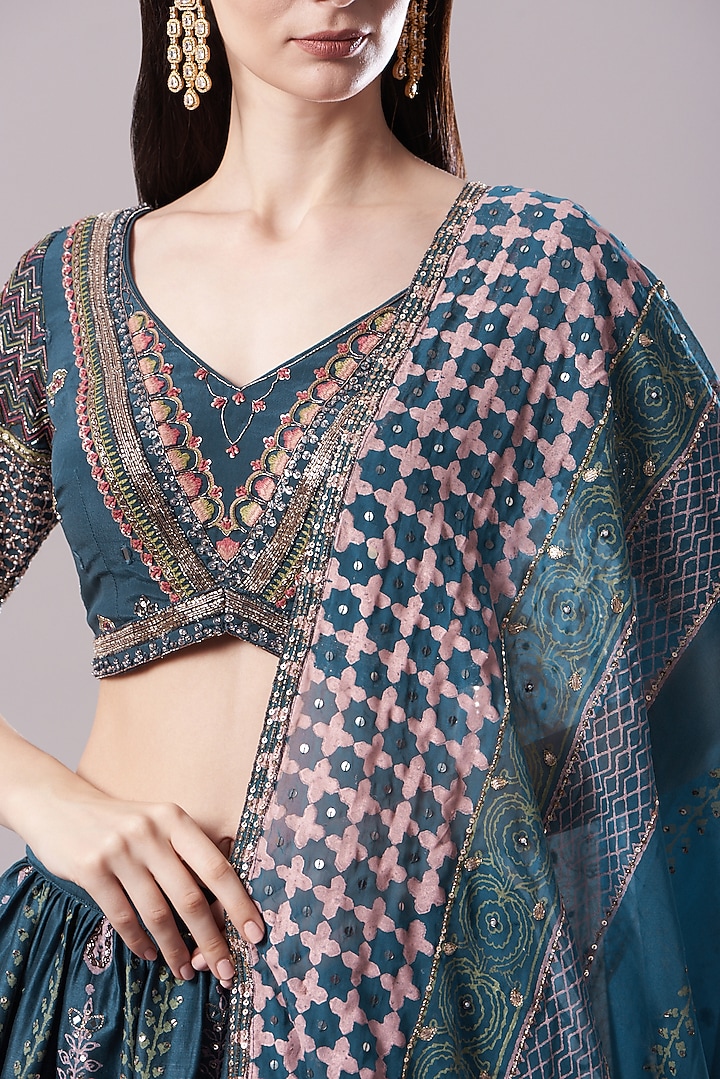 Cobalt Blue Embroidered & Printed Wedding Lehenga Set by Neha & Tarun at Pernia's Pop Up Shop
