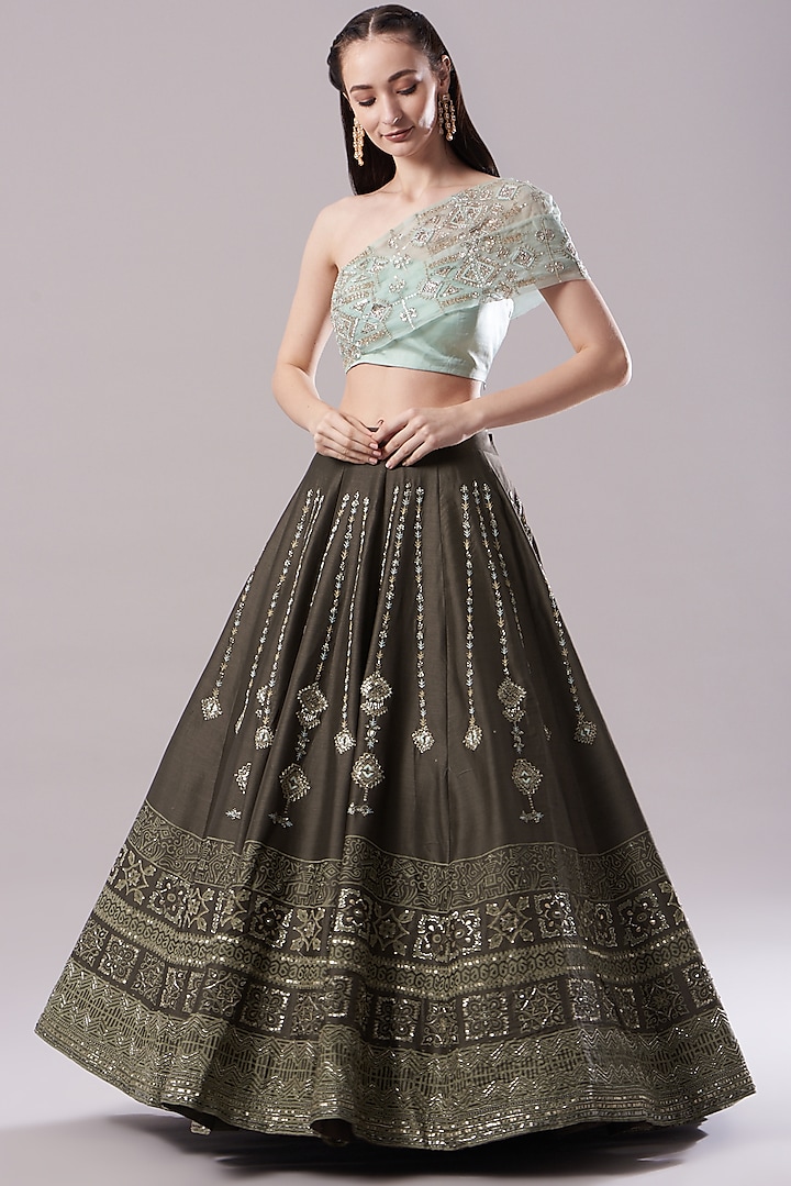 Brown Embroidered & Printed Wedding Lehenga Set by Neha & Tarun at Pernia's Pop Up Shop