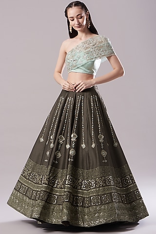 Brown Embroidered & Printed Lehenga Set by Neha & Tarun
