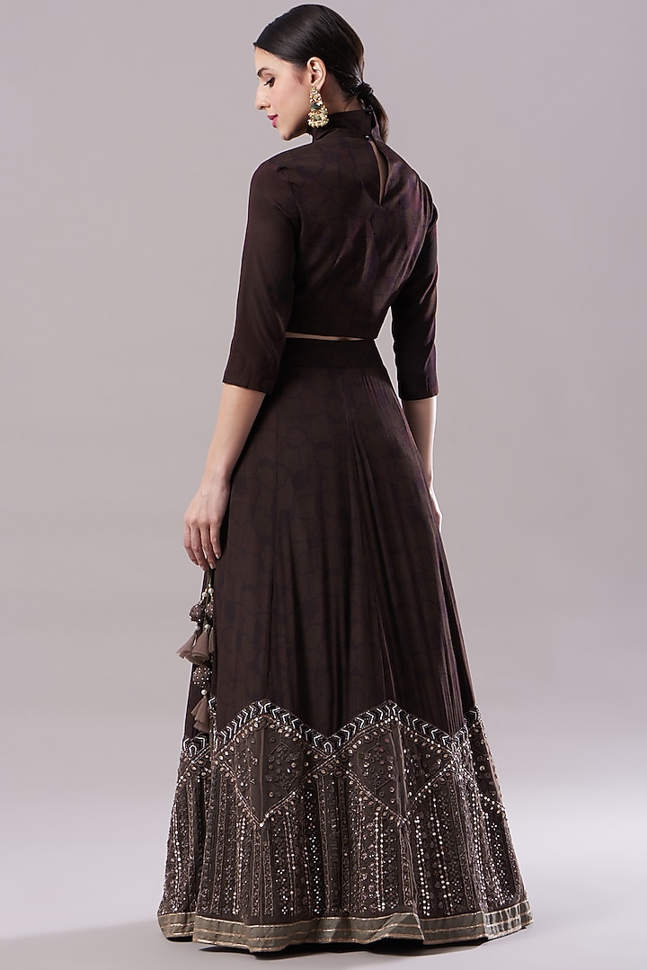 Brown Crepe Embroidered & Printed Wedding Lehenga Set by Neha & Tarun at Pernia's Pop Up Shop