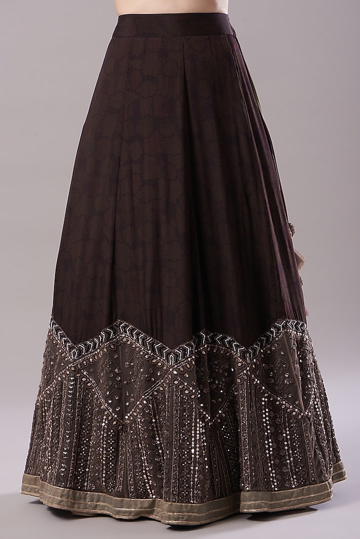 Brown Crepe Embroidered & Printed Wedding Lehenga Set by Neha & Tarun at Pernia's Pop Up Shop