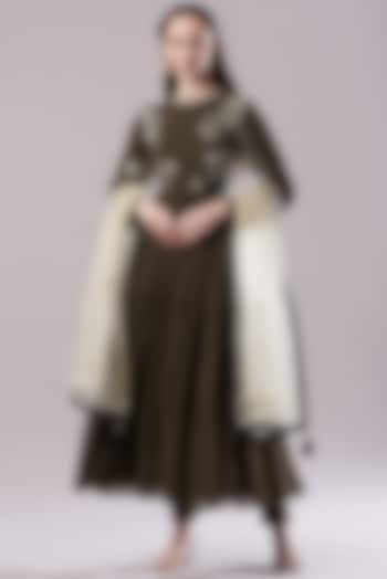 Brown Lycra Embroidered Wedding Anarkali Set by Neha & Tarun at Pernia's Pop Up Shop