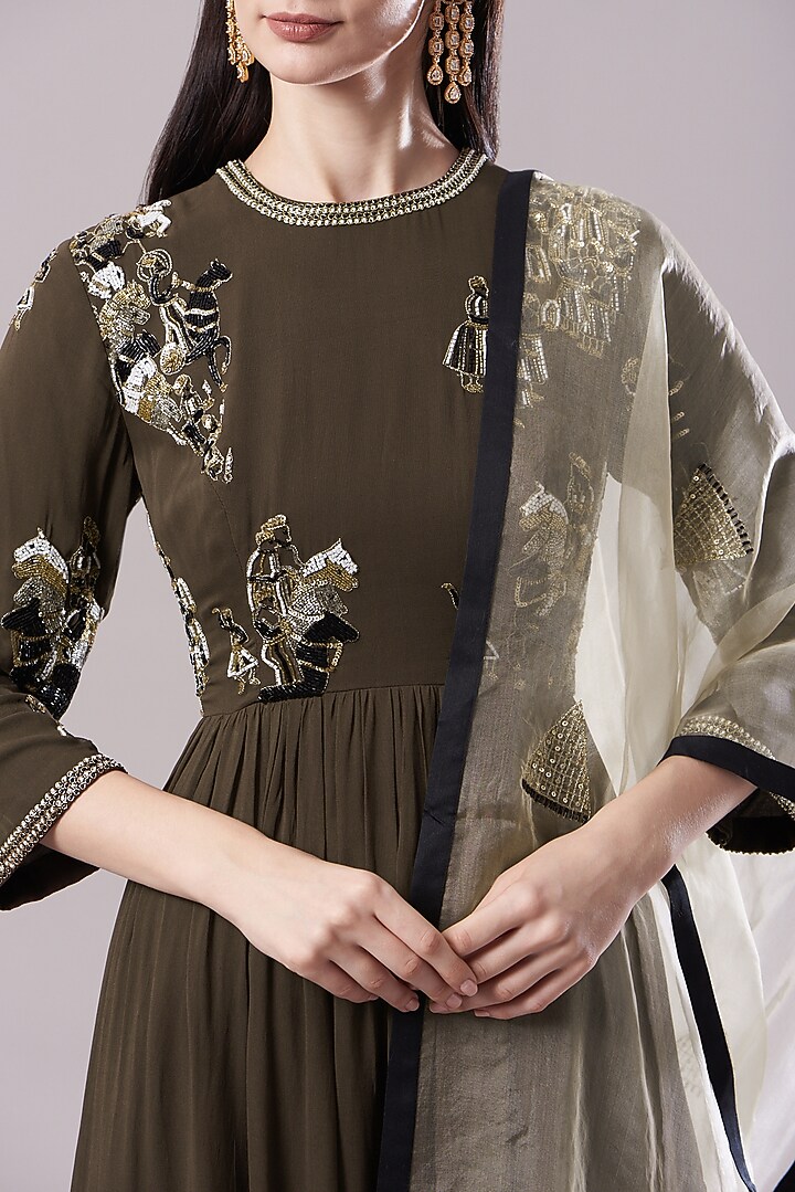 Brown Lycra Embroidered Wedding Anarkali Set by Neha & Tarun at Pernia's Pop Up Shop