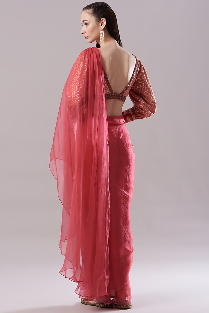 Peach Organza Pre-Draped Wedding Saree Set by Neha & Tarun at Pernia's Pop Up Shop
