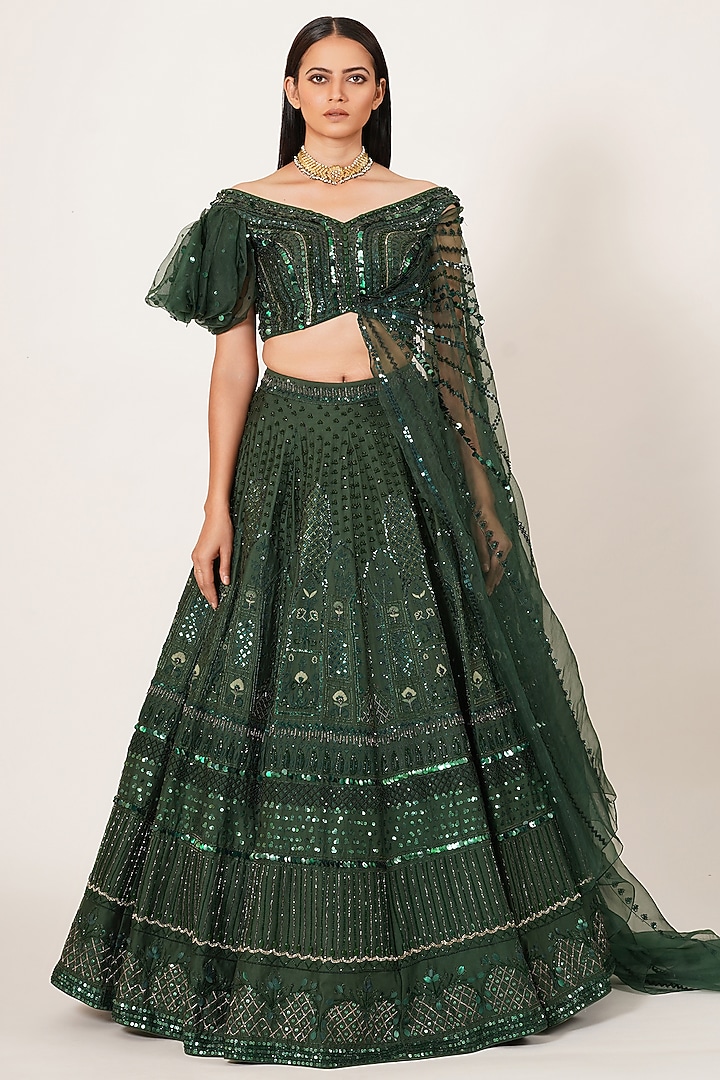 Bottle Green Embroidered Bridal Lehenga Set by Neha & Tarun at Pernia's Pop Up Shop