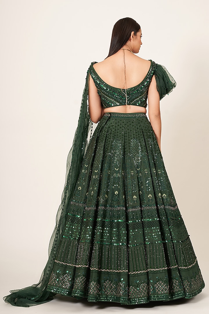 Bottle Green Embroidered Bridal Lehenga Set by Neha & Tarun at Pernia's Pop Up Shop